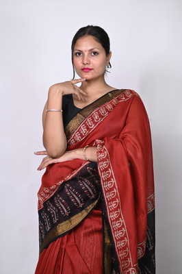 Biyahuti Printed, Self Design, Temple Border Handloom Cotton Silk Saree(Red, Black)