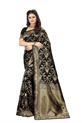 SAREEFLAME Woven, Embellished, Solid/Plain, Printed, Self Design, Floral Print, Digital Print, Dyed Banarasi Art Silk, Cotton Silk Saree(Black)