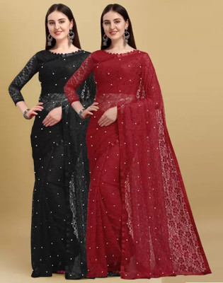 Amavii Self Design Bollywood Net Saree(Black, Maroon)