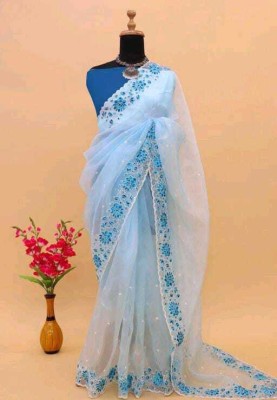 MAULIKR Embroidered Bollywood Net Saree(Light Blue)