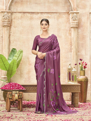 KONICA FAB Floral Print Bollywood Satin Saree(Purple)