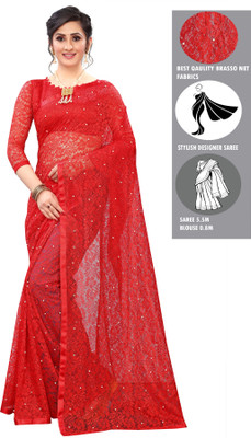 VANRAJ CREATION Self Design Bollywood Net Saree(Red)