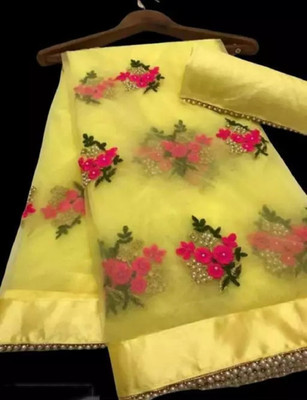 vallavi fashion Embroidered Bollywood Net Saree(Yellow)