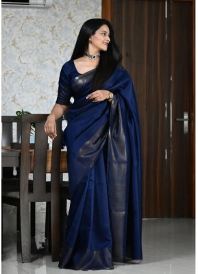 Mollika Woven, Self Design Handloom Cotton Silk, Tussar Silk Saree(Blue)