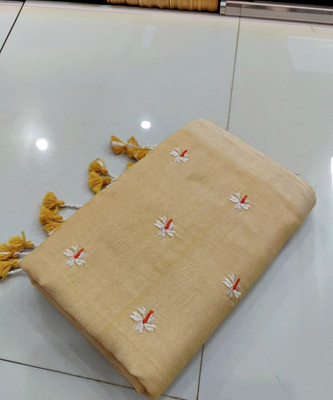 Puspa Fashion Embroidered Handloom Cotton Blend Saree(Cream)