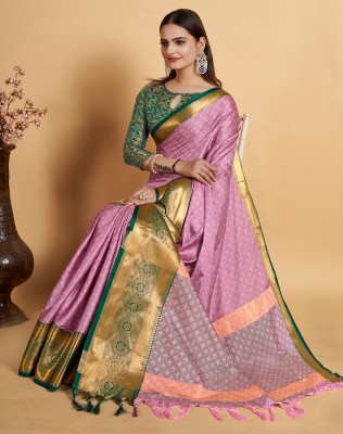 SIRIL Woven Kanjivaram Cotton Silk, Jacquard Saree(Pink, Green, Gold)