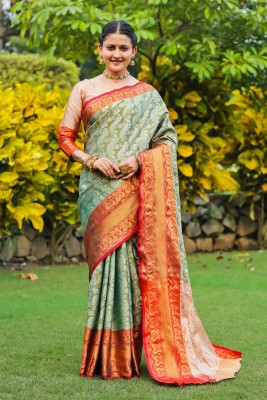 Ethnic Corner Embellished, Woven Banarasi Pure Silk Saree(Green)