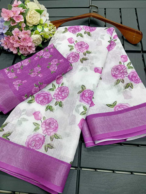 Gajal Printed Bollywood Linen, Cotton Linen Saree(Purple)