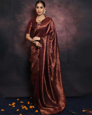 MIRAFAB Woven Kanjivaram Jacquard, Pure Silk Saree(Maroon)
