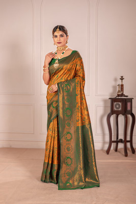 yourwish Woven, Embellished Banarasi Pure Silk, Raw Silk Saree(Yellow)