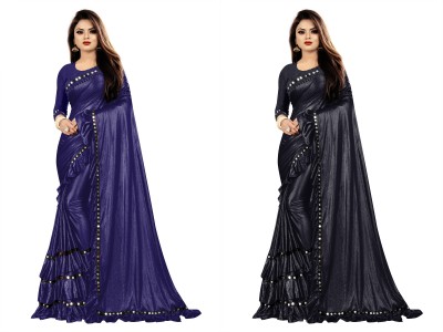 Fashion Field Self Design Bollywood Lycra Blend Saree(Pack of 2, Black, Blue)