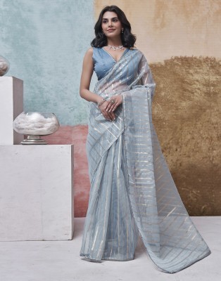Samah Woven, Embellished, Striped Narayanpet Organza, Lace Saree(Grey)