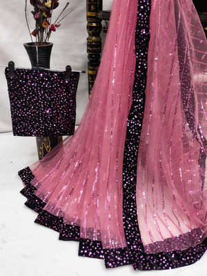 JASHALFAB Embroidered Daily Wear Net, Tissue Saree(Purple)