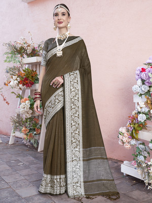 ANOUK Woven Bollywood Linen Saree(Brown)
