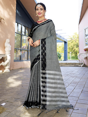 ANOUK Woven Bollywood Linen Saree(Grey)