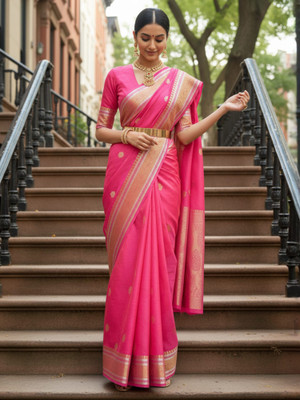 Sareemall Woven Banarasi Silk Blend Saree(Pink)