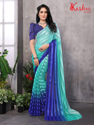 kashvi sarees Striped Bollywood Satin Saree(Light Blue, Blue)