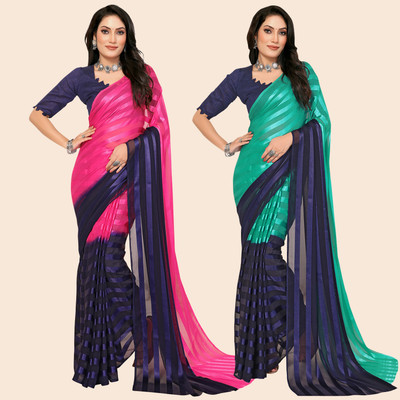 kashvi sarees Striped, Color Block Bollywood Satin Saree(Pack of 2, Pink, Blue, Green, Dark Blue)