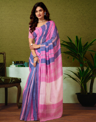 SIRIL Floral Print, Geometric Print, Printed Sambalpuri Chanderi, Cotton Blend Saree(Blue, Pink)