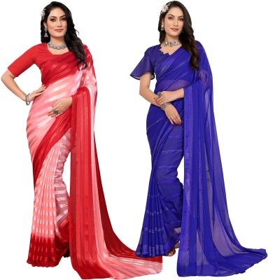 Anand Sarees Striped Bollywood Satin Saree(Pack of 2, Pink, Red, Blue)