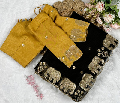 JP STORESS Embroidered Bollywood Net Saree(Black)