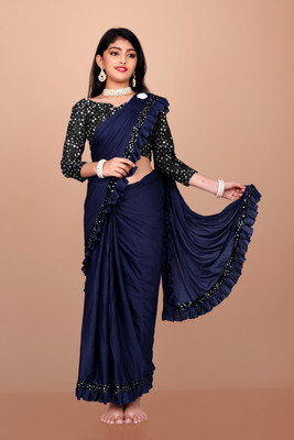VIJOTY FASHION Embellished Bollywood Lycra Blend Saree(Dark Blue)