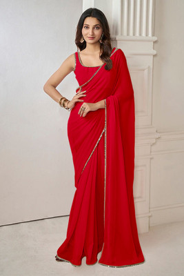 drashti trading Solid/Plain Bollywood Georgette Saree(Red)
