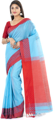 SAYAN CREATION Temple Border Handloom Handloom Cotton Silk Saree(Blue, Red)