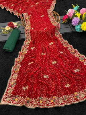 LAJEELEE Embroidered Bandhani Georgette Saree(Red)