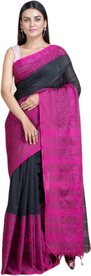 RM CREATION Self Design Handloom Cotton Blend Saree(Black)