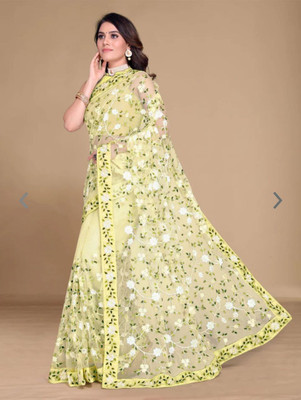 Verviza Embroidered, Floral Print Bollywood Net Saree(Yellow)