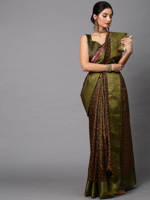 Divastri Printed Banarasi Linen Saree(Green)