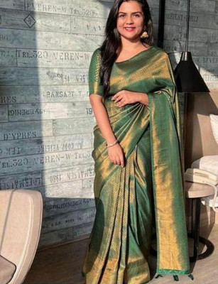SHWENILA Solid/Plain Assam Silk Pure Silk Saree(Green)