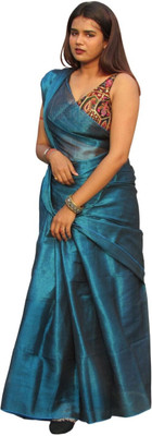 Shaw Creation Solid/Plain Handloom Handloom Tissue Saree(Blue)