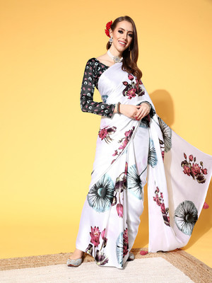Kimisha Printed Bollywood Satin Saree(White)