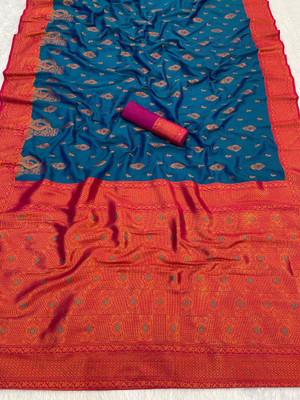 MOON VOGUE Self Design Banarasi Silk Blend Saree(Blue)