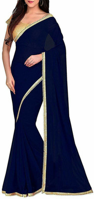 Way2Like Solid/Plain Bollywood Georgette Saree(Dark Blue)