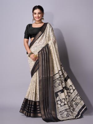 Sanjana Silks Printed Chanderi Art Silk Saree(White)