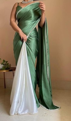 DDRS Fashion Solid/Plain Bollywood Georgette Saree(Green, White)