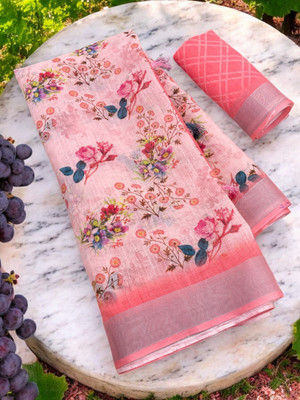 HouseOfCommon Floral Print Bollywood Linen Saree(Pack of 2, Multicolor)