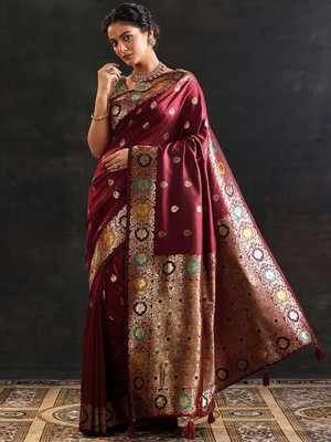LIBAS Printed Daily Wear Silk Blend Saree(Maroon)