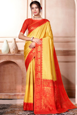 ROOP LAVANYA Woven Kanjivaram Jacquard, Art Silk Saree(Yellow, Red)
