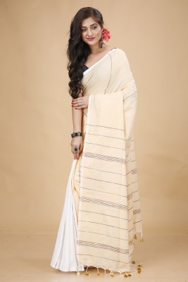 Tant Story Woven Handloom Cotton Blend Saree(Cream)