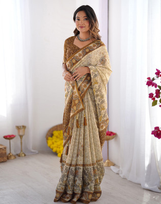 Tasrika Floral Print, Woven, Embellished Kalamkari Linen Saree(Yellow, Mustard, Beige)