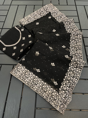 MIYANIFAB Embroidered Bollywood Organza Saree(Black)