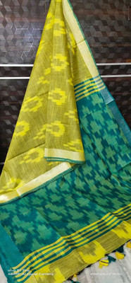 govind handloom Printed Bollywood Cotton Linen Saree(Green, Mustard)