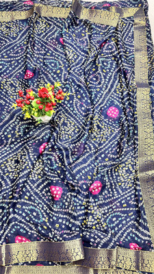 HouseOfCommon Printed Bandhani Crepe, Chiffon Saree(Dark Blue)