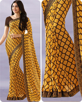 V And V Shop Printed Bollywood Georgette Saree(Black, Yellow)