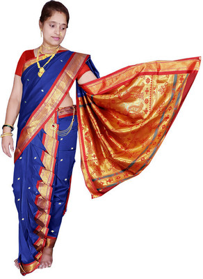 HouseOfCommon Woven Paithani Art Silk Saree(Dark Blue, Red)