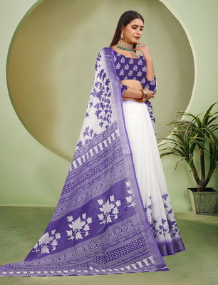 Mervadiya Printed Kanjivaram Pure Cotton, Cotton Linen Saree(White, Blue)